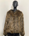Leopard print 100% fake fur jacket with zipper closure and black ribbing on a mannequin against a white background. SpiritHoods Online Sample Sale Savannah Cat Classic Faux Fur Bomber Jacket in Size Medium