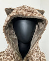 close-up photo of a black mannequin wearing SpiritHoods Sample Sale Faux Fur Hoodie in Strawberry Leopard in size SMALL - show casing the beige/tan inner plush fabric of the hood