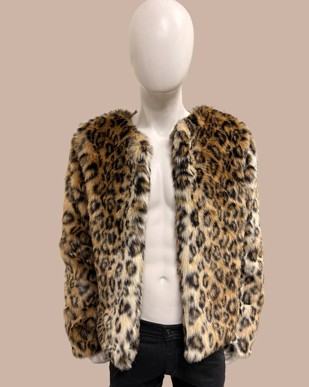 Mannequin wearing a leopard print faux fur coat against a beige background