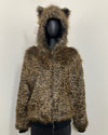 Leopard print bomber jacket with zipper closure, oversized hood and ears, with black ribbing at the bottom of the bomber jacket and at the ends of the arms, on a mannequin against a white background