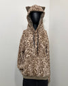 mannequin wearing SpiritHoods Faux Fur Hoodie in tan leopard with front kangaroo pouch pocket and fitted hood with tiny cat ears