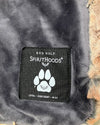 Pet Bed Label with 'Red Wolf Spirithoods' branding on a textured fabric background