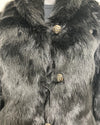 Close-up photo of the black fake fur coat with decorative leopard face buttons. Also showing the 2nd row button loop is broken. 