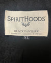 Close up photo of SpiritHoods necklabel showing Black Panther key characteristics: Guardian - Seducer - Warrior - in size X-SMALL.
