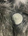 close-up photo of SpiritHoods custom button and "Made in Los Angeles" verbiage on button. SpiritHoods Online Sample Sale Style: Hooded Faux Fur Coat - Black Panther in Size X-SMALL