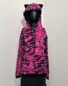 mannequin wearing a SMALL faux fur pink and black raspberry tiger hoodie with the hood up. Long sleeve hoodie inspired garment with front kangaroo pocket.