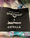 Label with 'Spirithoods' and 'Catzilla' branding on a colorful fabric background