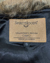Neck Label on a dark poly-satin lining fabric item with 'Spirithoods' branding and text. Showing Collector Edition Item - Made in Los Angeles.