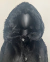 Black fake fur coat on a mannequin against a plain background. plush oversized hood with short pile sleek black fake fur. SpiritHoods Online Sample Sale Style: Hooded Faux Fur Coat - Black Panther in Size X-SMALL
