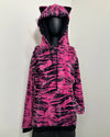 mannequin wearing a pink hoodie with black tiger stripes with a hood and tiny cat ears.