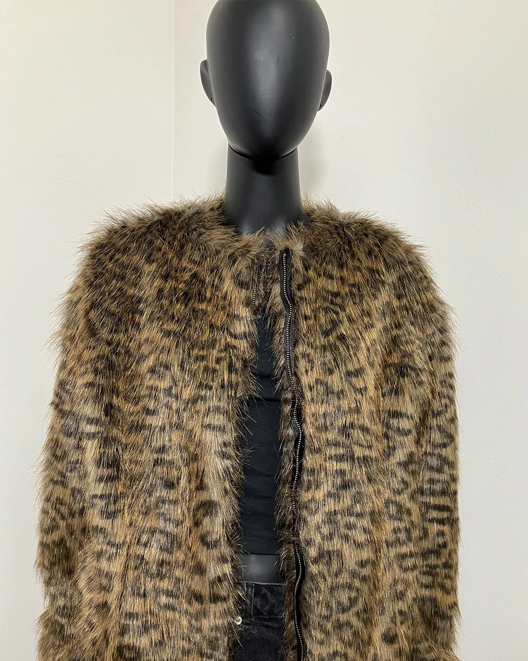 Close Up photo of Savannah Cat Bomber Jacket Prototype Sample Jacket in SMALL on a mannequin against a white background