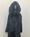 Black fake fur jacket with hood on a mannequin against a plain background. Showing the button closure + two rows of custom buttons. SpiritHoods Online Sample Sale Style: Hooded Faux Fur Coat - Black Panther in Size X-SMALL