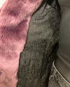 Close-up of a textured black 'snakeskin inspired' lining of the SpiritHoods Online Sample Sale Classic Luxe Purple Fake Fur Jacket in Lavender Panther in size XXS