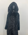 mannequin wearing an all black faux fur coat with an oversized hood and peacoat buttons. SpiritHoods Online Sample Sale Style: Hooded Faux Fur Coat - Black Panther in Size X-SMALL