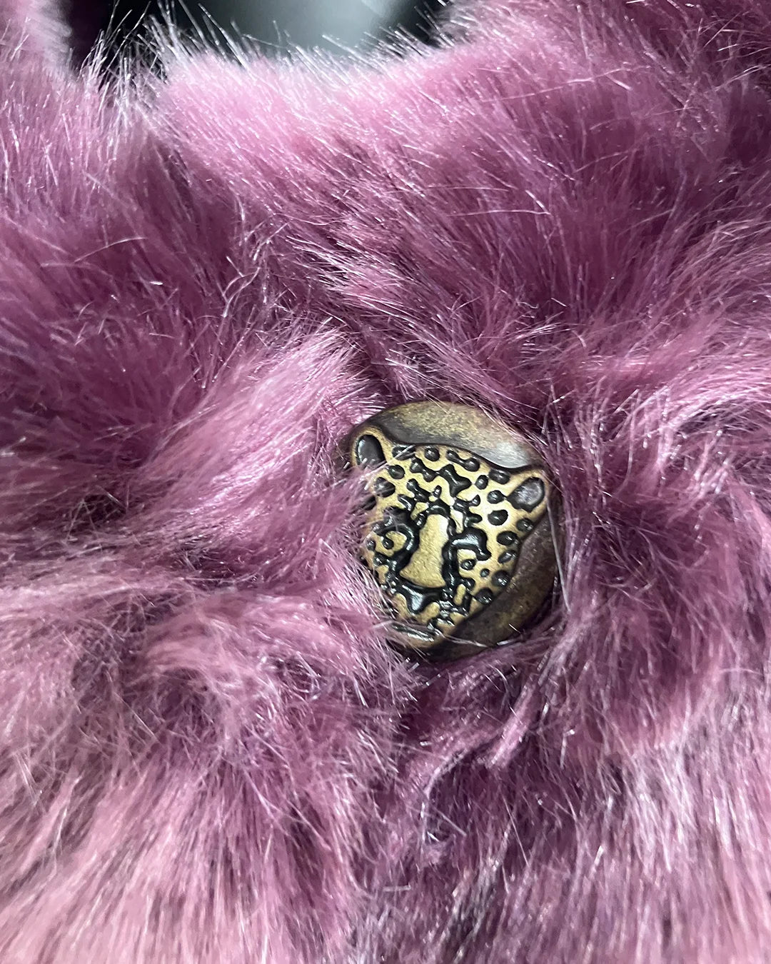 Light Lavender/Purple faux fur coat with feline ears on a mannequin against a white background | SpiritHoods Online Sample Sale Product in Classic Luxe Purple Faux Fur Coat | Lavender Panther in Size XXS