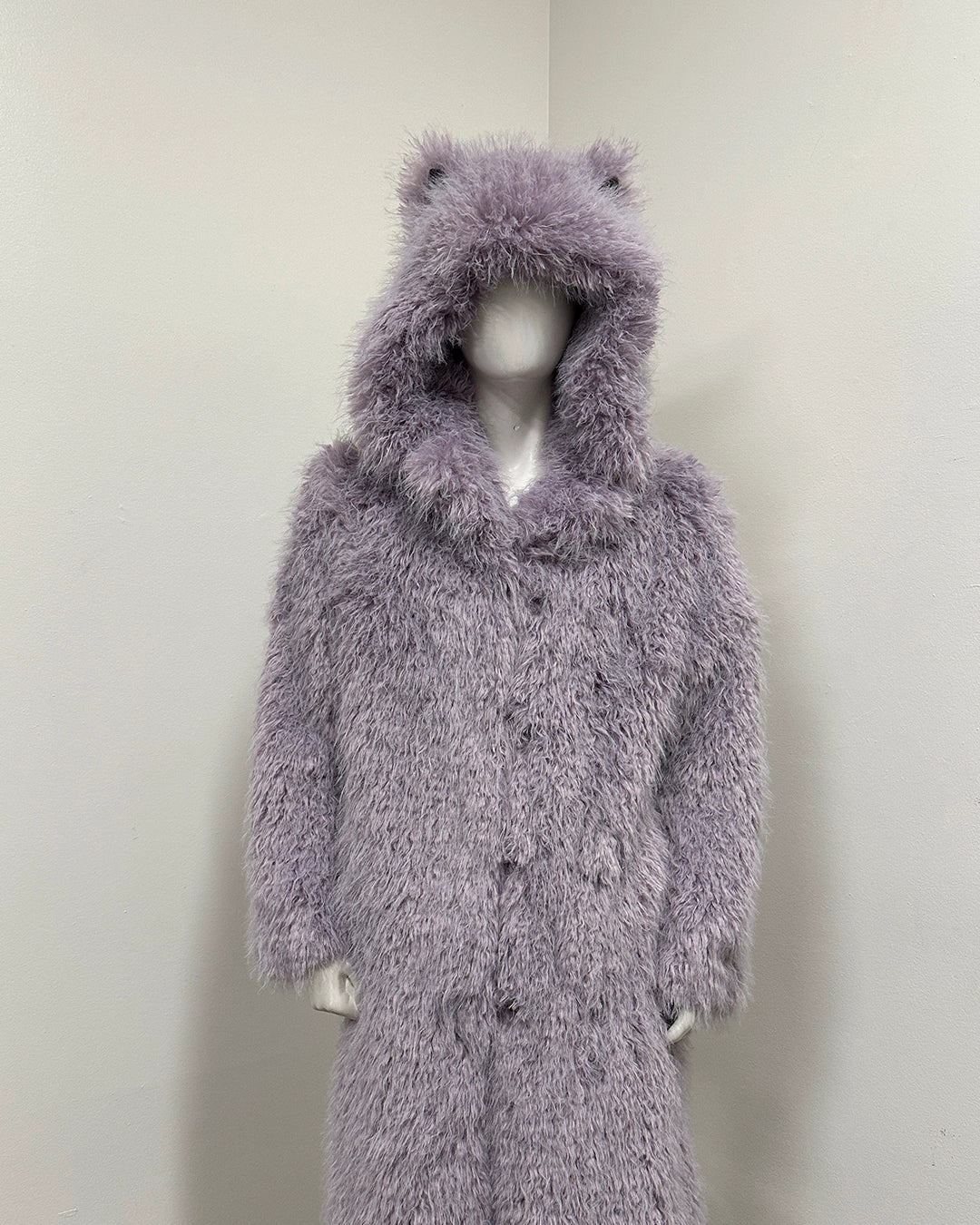 *One Of A Kind* Classic Long Faux Fur Coat | Curly Lavender Cat - Large