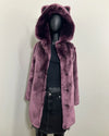 Light Lavender/Purple faux fur coat with feline ears on a mannequin against a white background | SpiritHoods Online Sample Sale Product in Classic Luxe Purple Faux Fur Coat | Lavender Panther in Size XXS