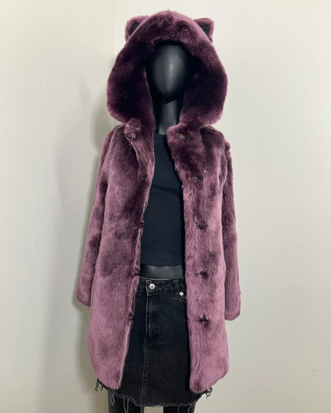 Light Lavender/Purple faux fur coat with feline ears on a mannequin against a white background | SpiritHoods Online Sample Sale Product in Classic Luxe Purple Faux Fur Coat | Lavender Panther in Size XXS