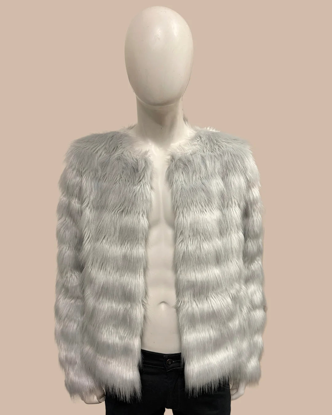 Mannequin wearing a light gray/silver fake fur jacket on a beige background