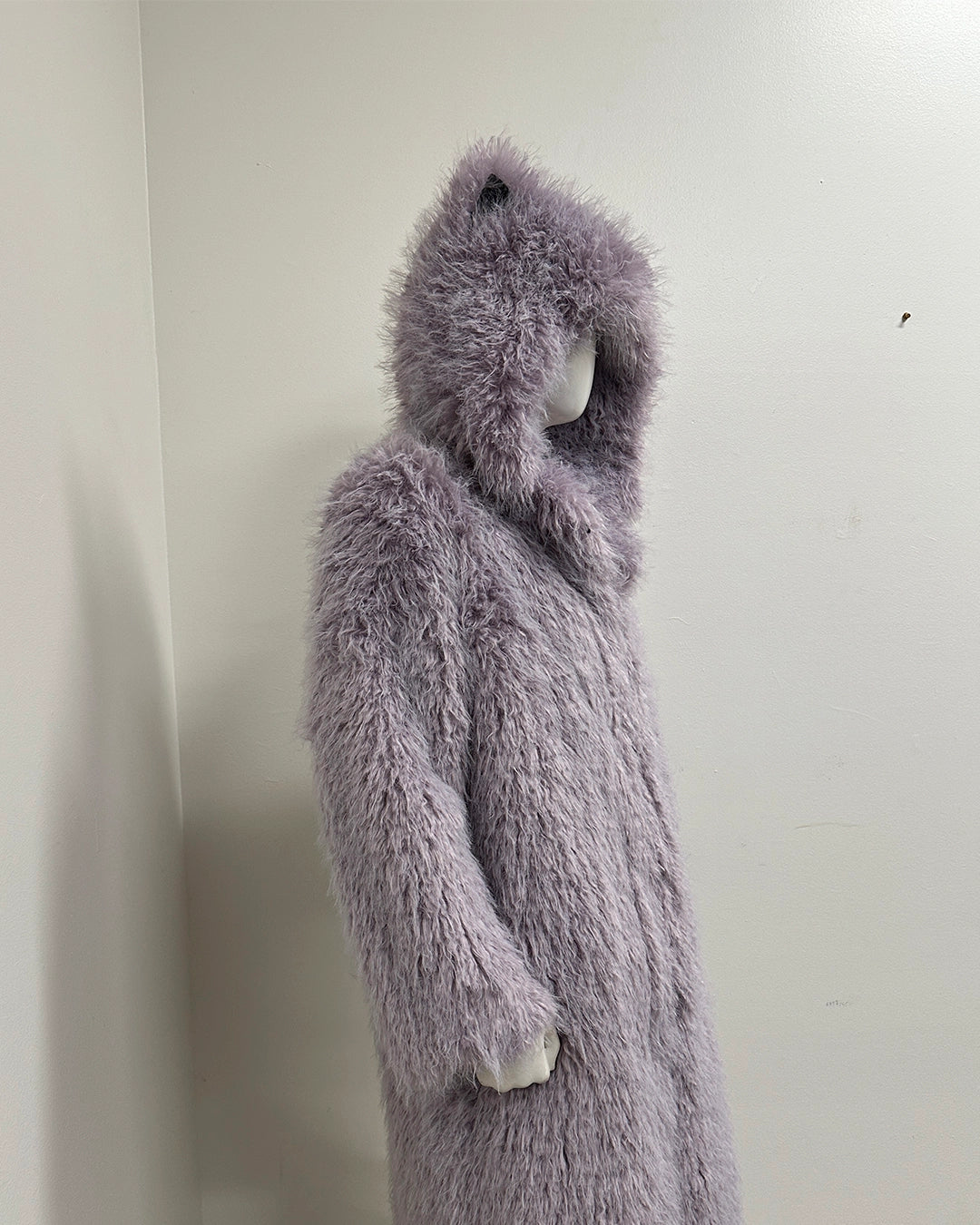 *One Of A Kind* Classic Long Faux Fur Coat | Curly Lavender Cat - Large