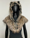 A faux fur hooded vest with animal ears on the hood and a wide collar, displayed on a black mannequin torso against a plain light gray background.