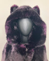Close Up Photo of the Midnight Wolf Faux fur coat with hood on a mannequin against a plain background