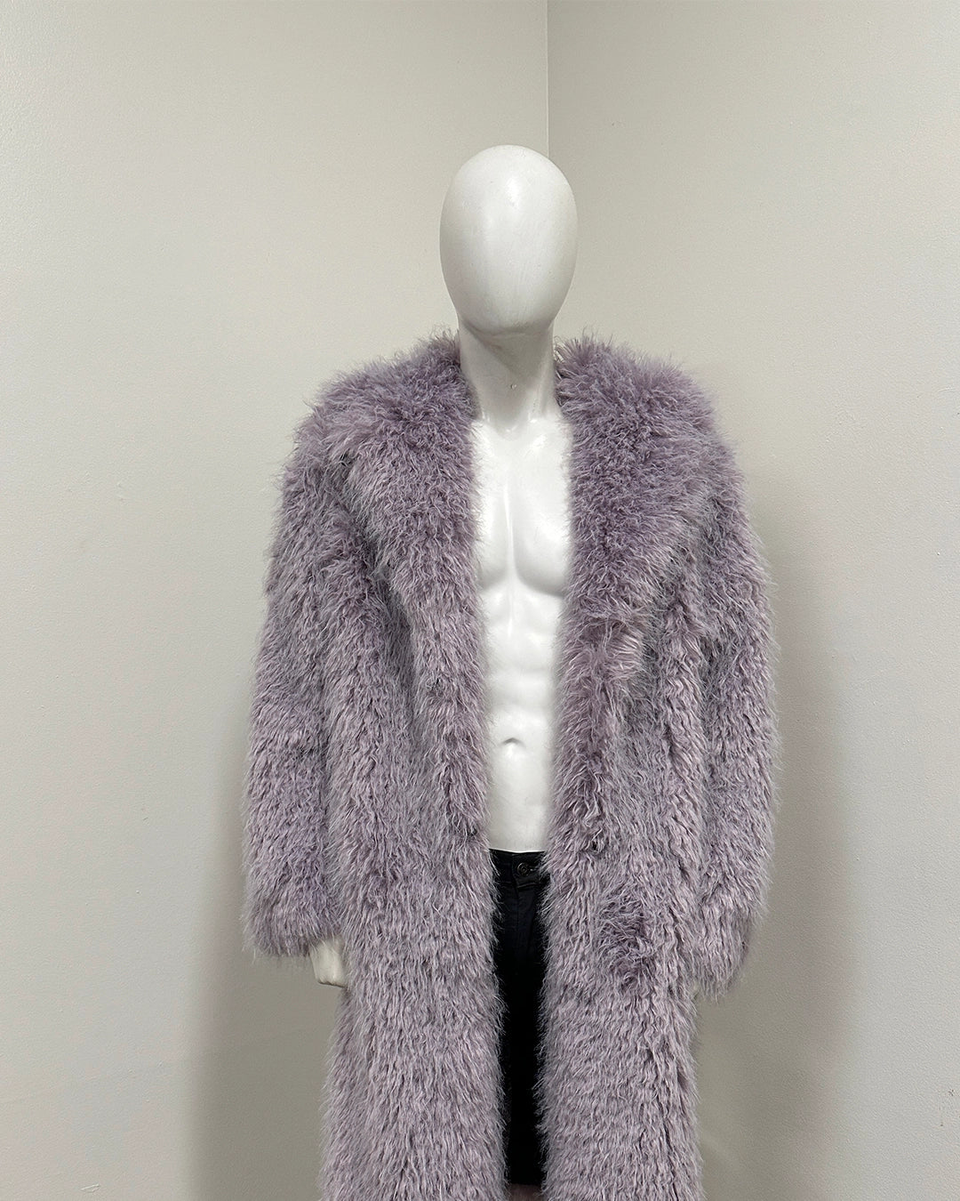 *One Of A Kind* Classic Long Faux Fur Coat | Curly Lavender Cat - Large