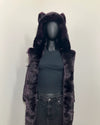Mannequin wearing a dark midnight purple fake fur jacket with an oversized hood on with wolf ears. SpiritHoods Online Sample Sale Product: Classic Luxe Purple Faux Fur Coat in Midnight Wolf XXS Sizing