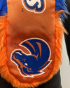 Orange faux fur hood lining with blue and white logo on a plain background