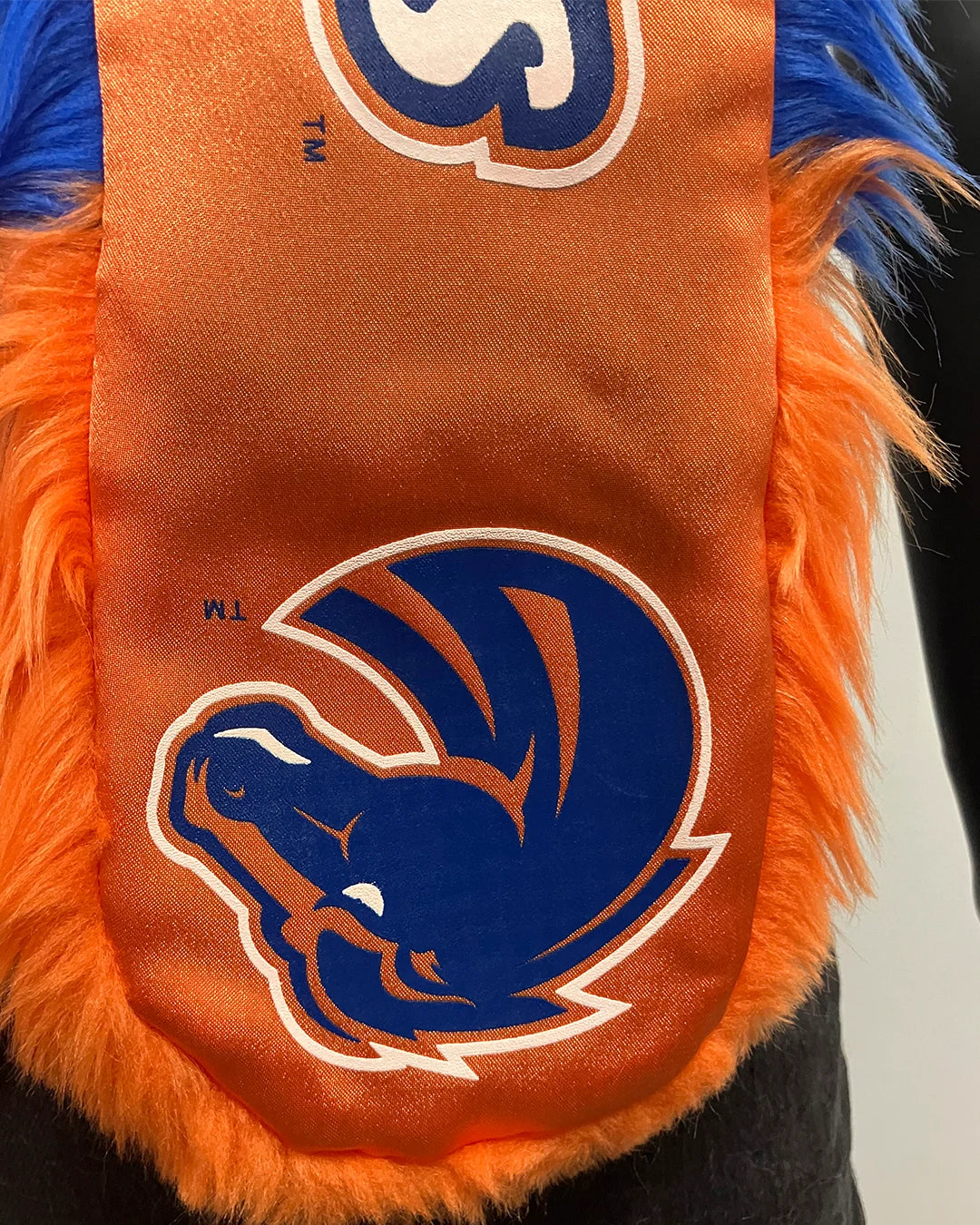 Orange faux fur hood lining with blue and white logo on a plain background