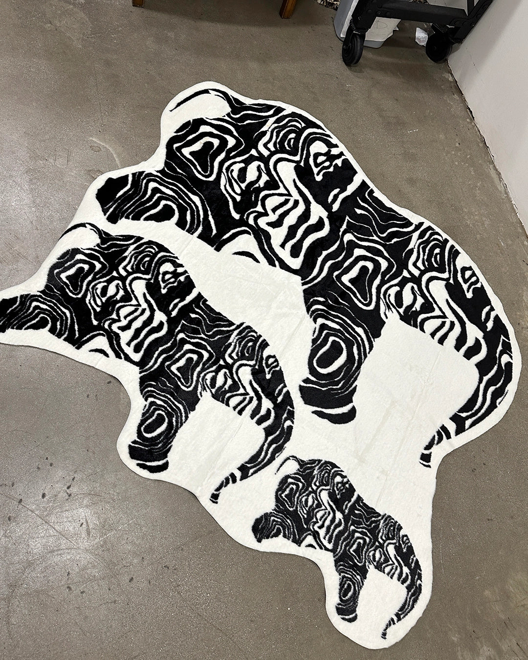 Black and white patterned rug on a concrete floor