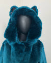Teal plush faux fur hood showing a close up of the ears and slight choppy cut on wearer's left ear. Item is part of SpiritHoods online sample sale - 60% off 
