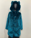 Teal faux fur coat with hood & ears on a white background. SpiritHoods Online Sample Sale Product: Classic Faux Fur Coat in Royal Wolf in XXS 