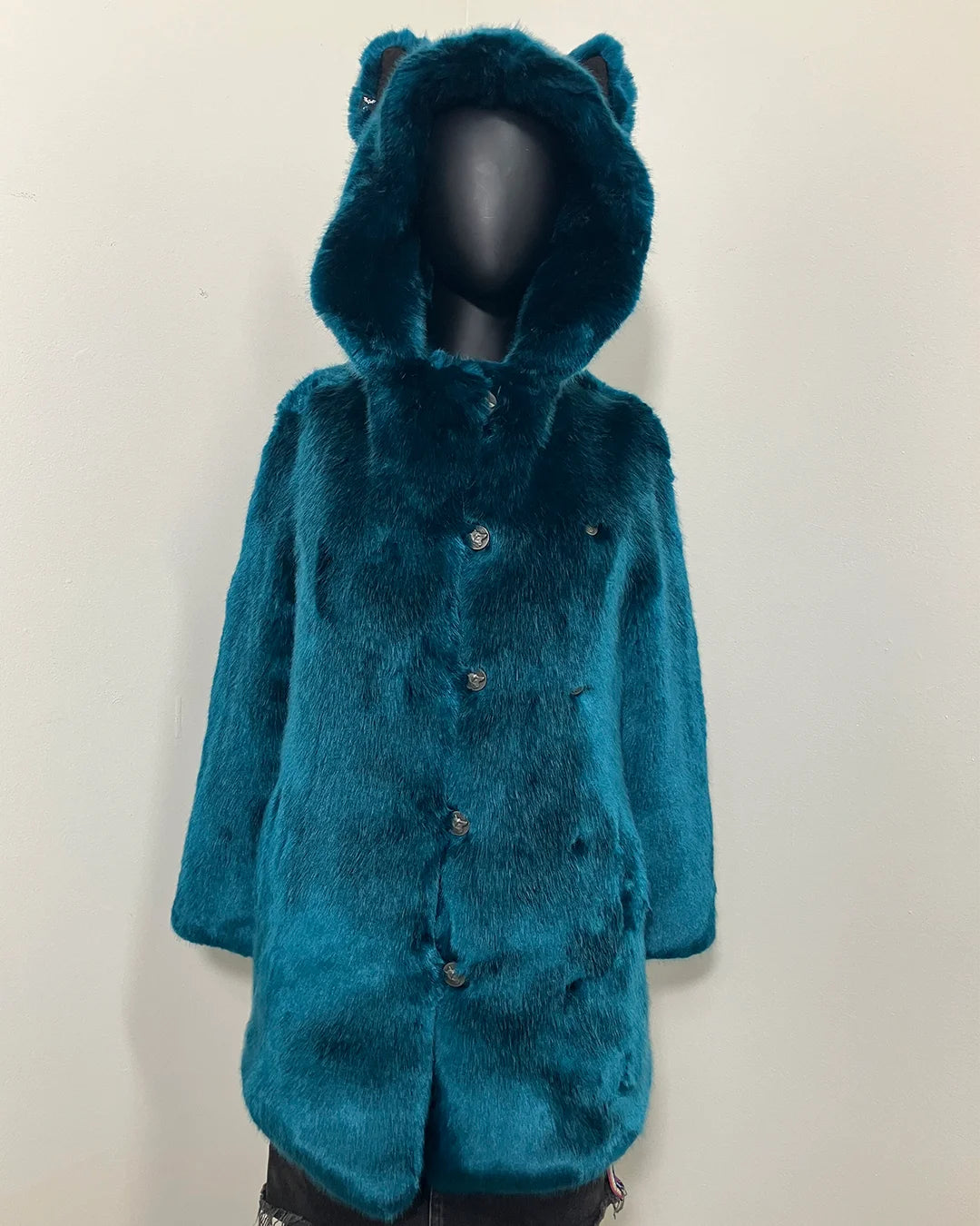 Teal faux fur coat with hood & ears on a white background. SpiritHoods Online Sample Sale Product: Classic Faux Fur Coat in Royal Wolf in XXS 