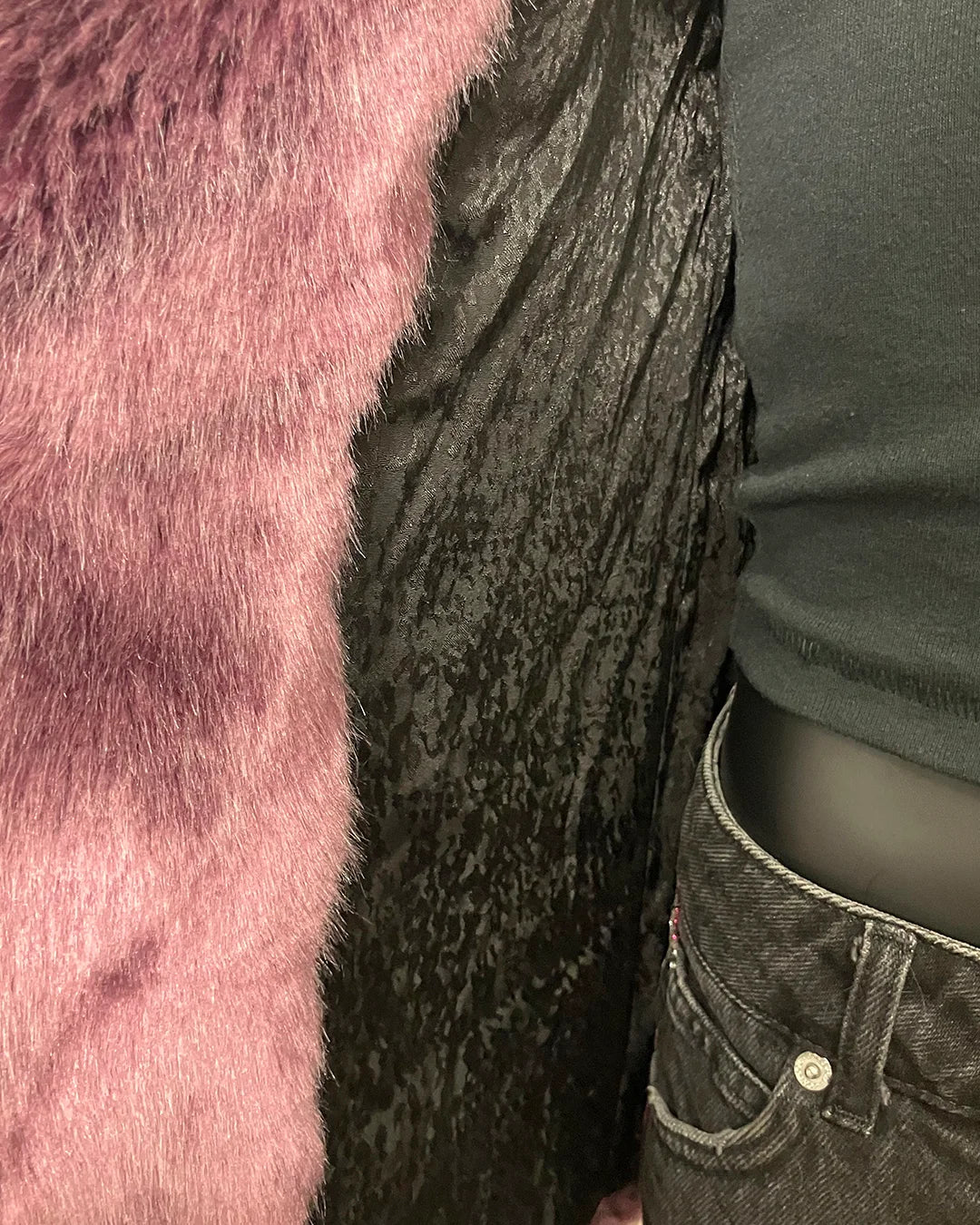 Close-up of the SpiritHoods Online Sample Sale Style in Lavender Wolf in Size XXS lining - standard black snakeskin inspired lining in a Poly-Rayon