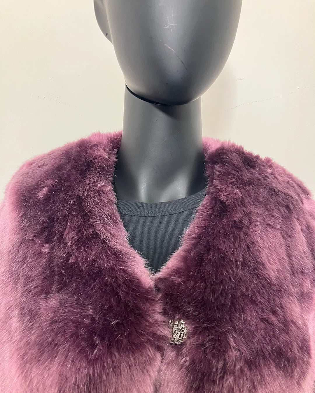 Purple faux fur v-neck jacket on a mannequin with a plain background.  SpiritHoods Online Sample Sale Style in Lavender Wolf in Size XXS