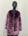 Lavender Luxe Tissavel faux fur v-neck coat on a mannequin against a white background. SpiritHoods Online Sample Sale Style in Lavender Wolf in Size XXS