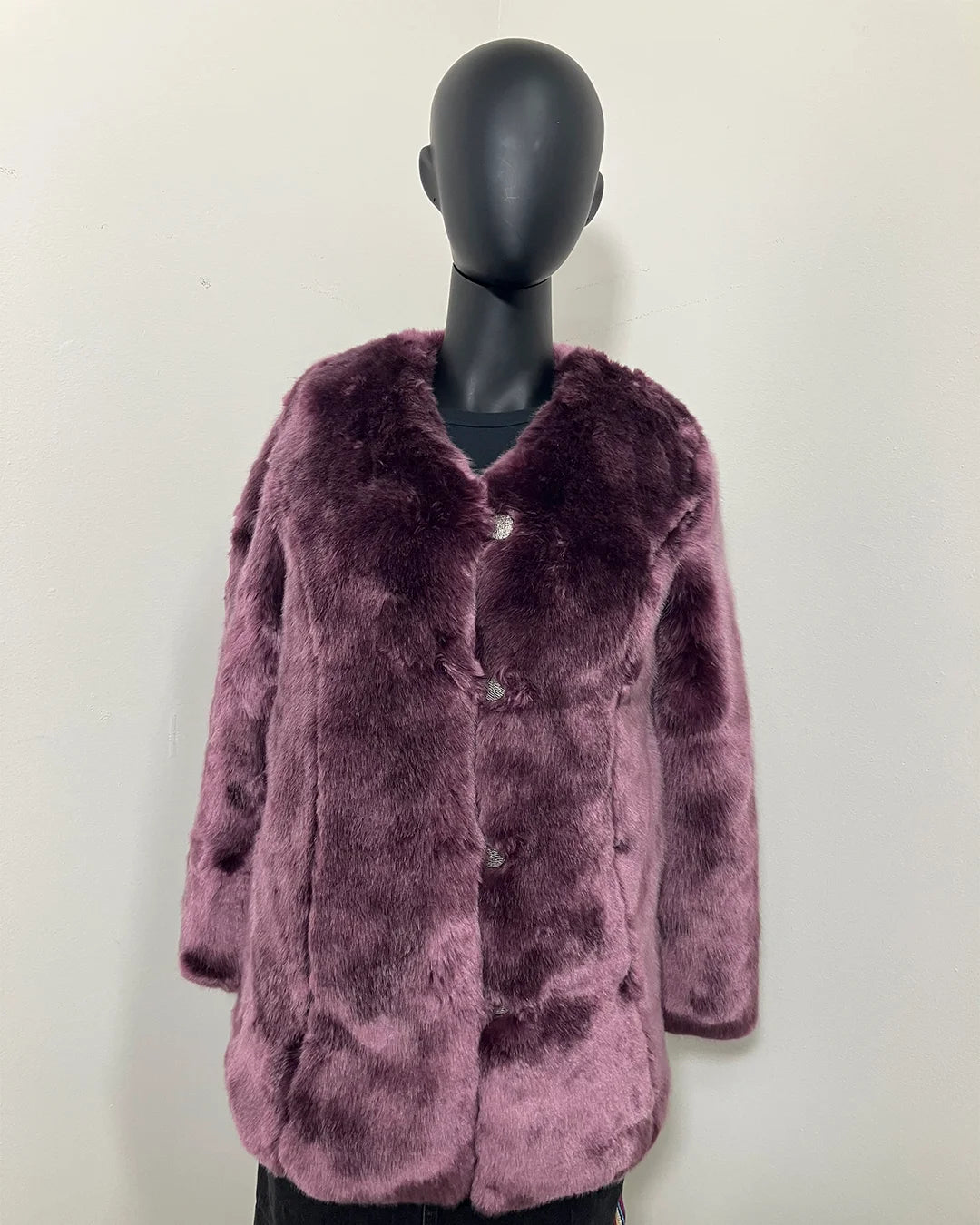 Lavender Luxe Tissavel faux fur v-neck coat on a mannequin against a white background. SpiritHoods Online Sample Sale Style in Lavender Wolf in Size XXS