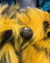 close-up photo of the leopard face button closure on the SpiritHoods Online Sample Sale Style: Calf Length Faux Fur Coat in Yellow Cheetah size: MEDIUM