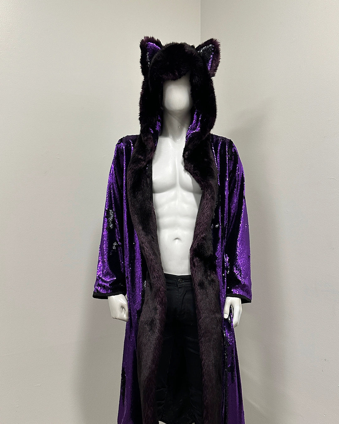 *One of Kind* Classic Long Sequin Coat | Midnight Wolf #2 -Medium