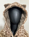 close-up photo of the tan leopard hoodie, hood with the tiny kitty ears