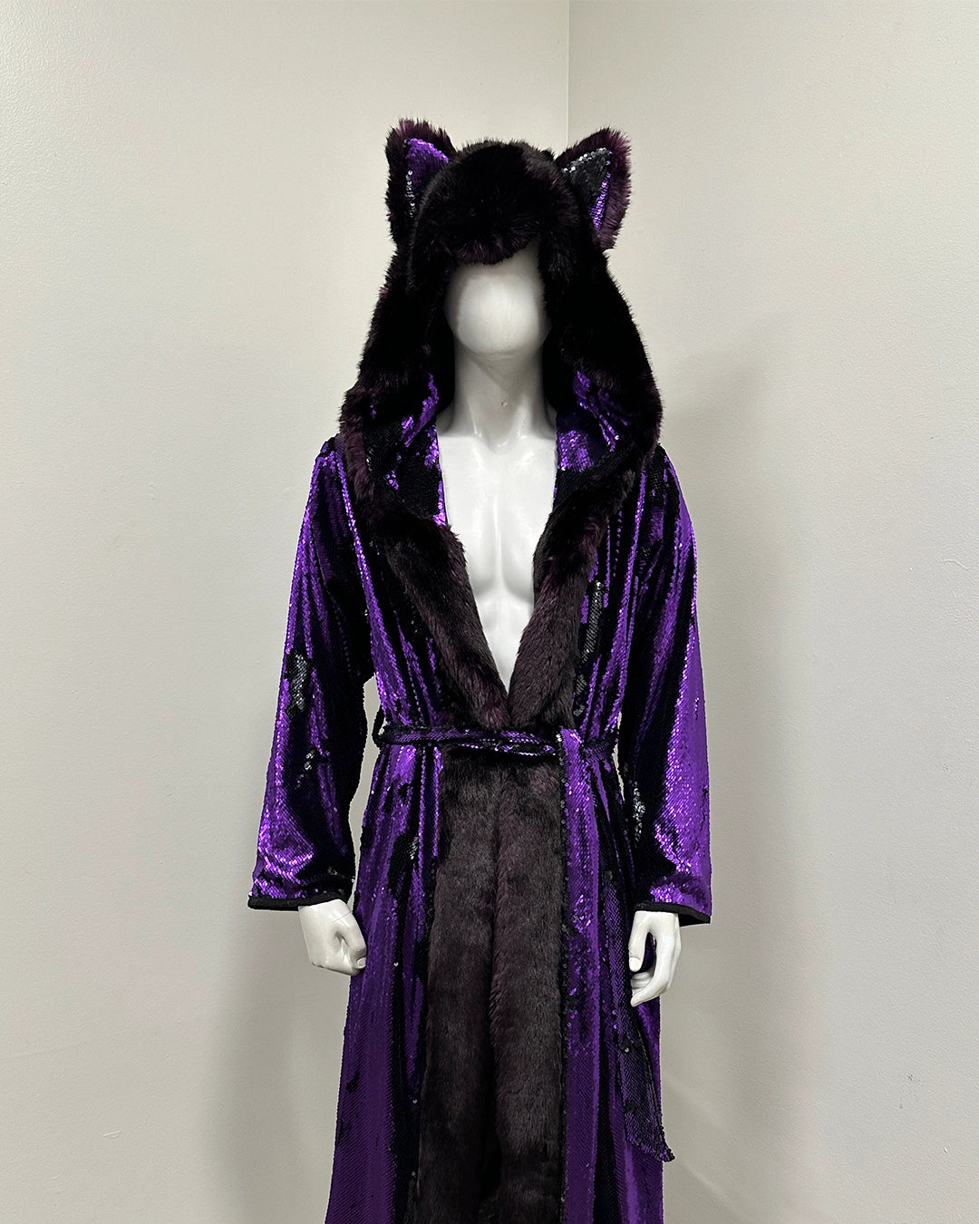 *One of Kind* Classic Long Sequin Coat | Midnight Wolf #2 -Medium