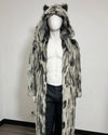 A long faux fur coat with hood and animal-ear, displayed on a white mannequin against a plain light gray background.