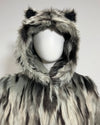 A hooded faux fur coat with animal-ear hood details, displayed on a white mannequin against a plain light gray background.