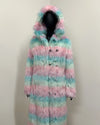 Pastel striped fur coat on a mannequin against a plain background