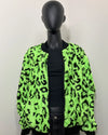 Mannequin wearing a neon green leopard print jacket against a plain background