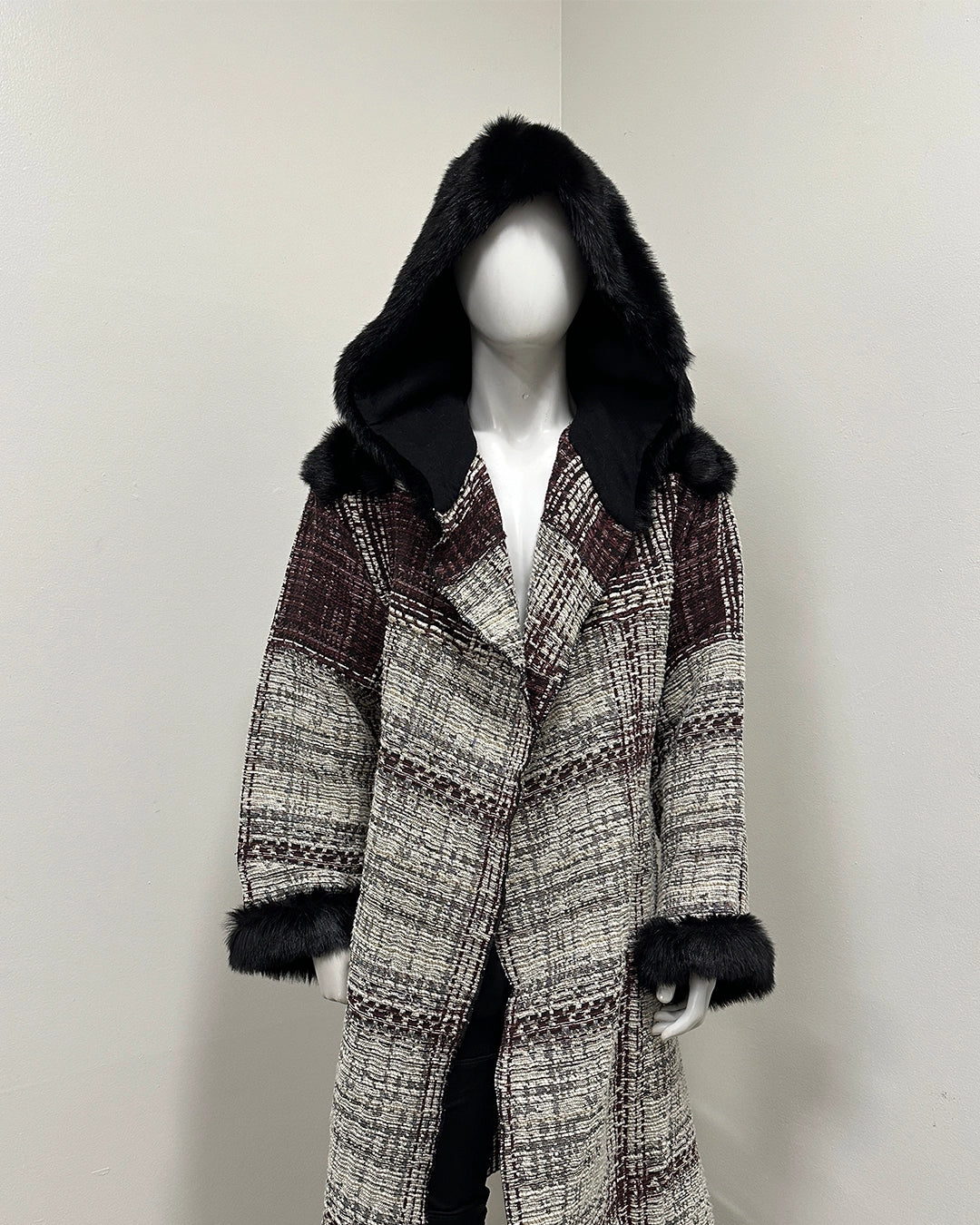 *Sample* Hooded Long Duster with Faux Fur Cuffs | Black Panther -Medium