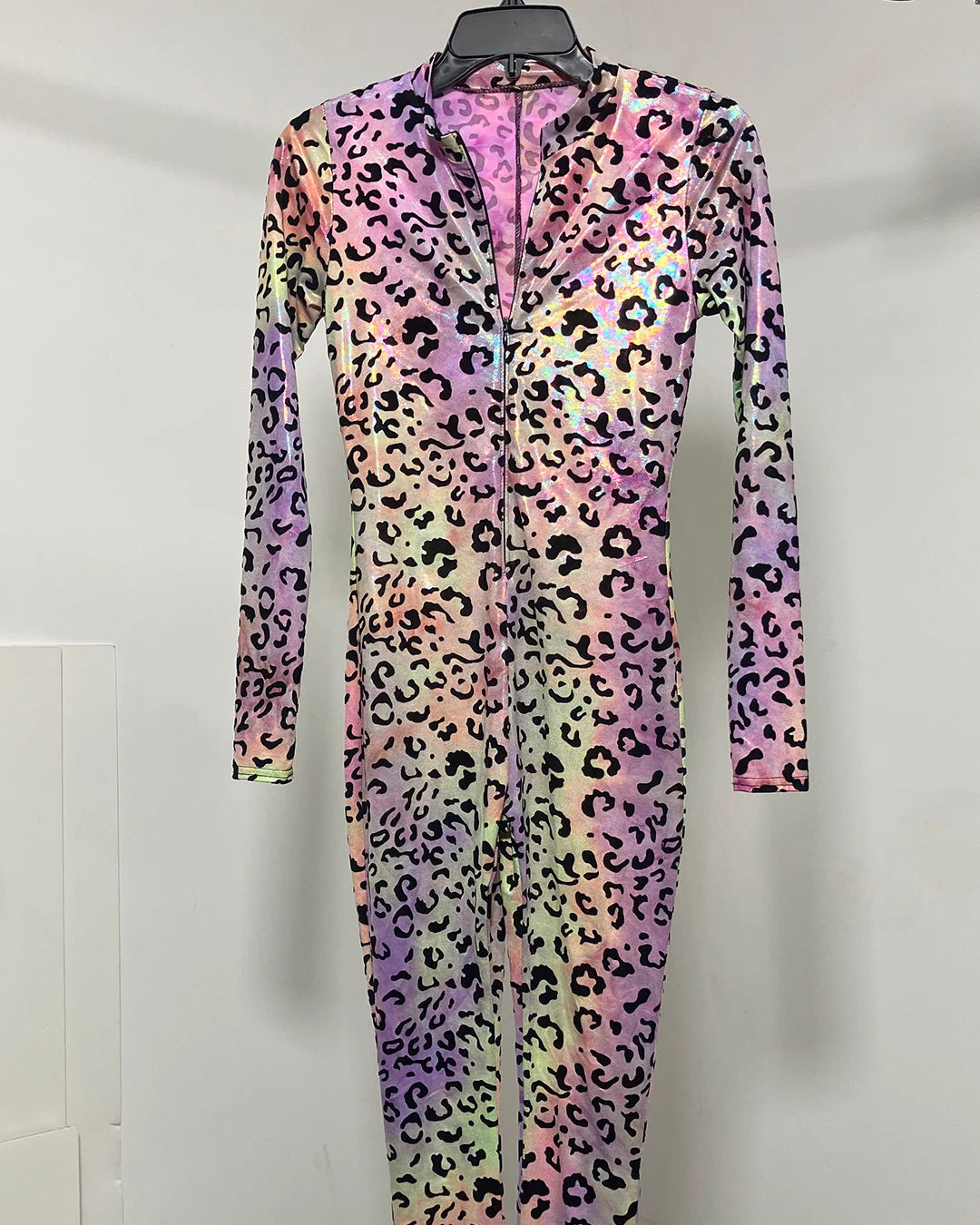 A long-sleeve, full-length zip-front jumpsuit with an iridescent leopard print pattern, hanging on a black hanger against a plain white wall.
