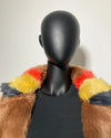 Mannequin wearing a colorful faux fur coat with a plain background