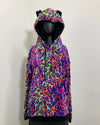 Colorful neon leopard print patterned Faux fur hoodie on a mannequin against a plain background